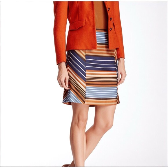 J. McLaughlin Skirt Women 4 Tan Blue Montecito Striped Modern Pencil Modest Chic - Picture 1 of 11